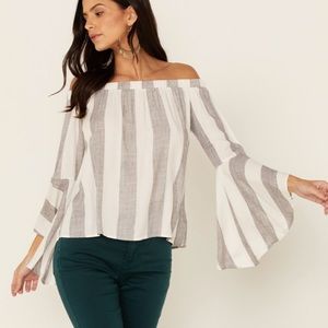 Shyanne Grey Stripe Off the Shoulder Bell Sleeve Crop Top- size: M